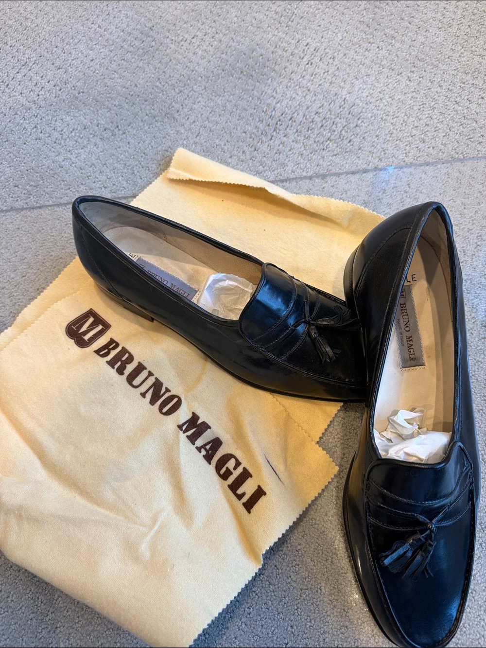 Bruno Magli Black Leather Tassel Slip-On Loafers